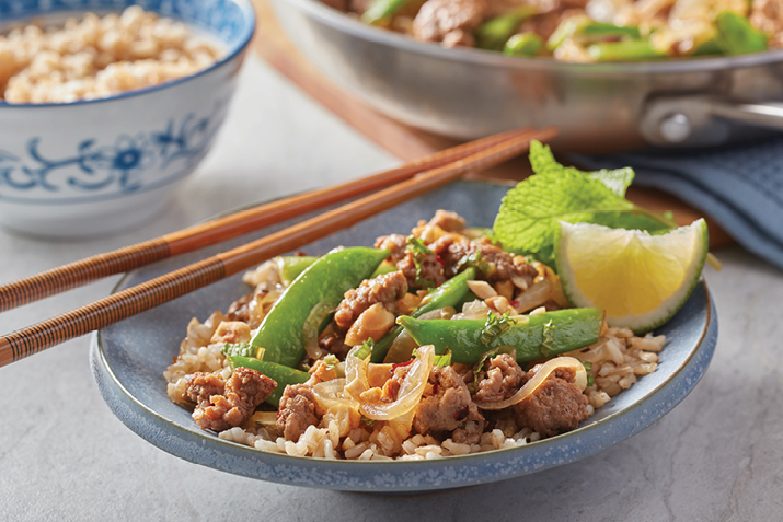For a quick weeknight meal, try this Asian-inspired skillet, where quick-cooking ground turkey simmers in lime, soy and honey.