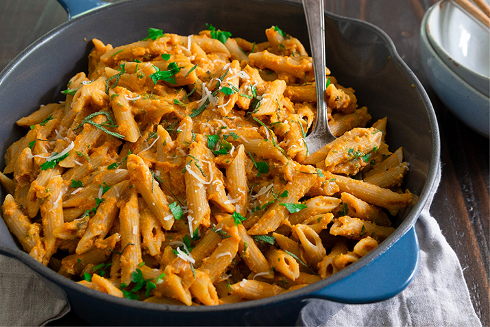 This creamy, pumpkin, herb-laced sauce atop penne pasta is a satisfying seasonal meal and comes together in just 30 minutes.  